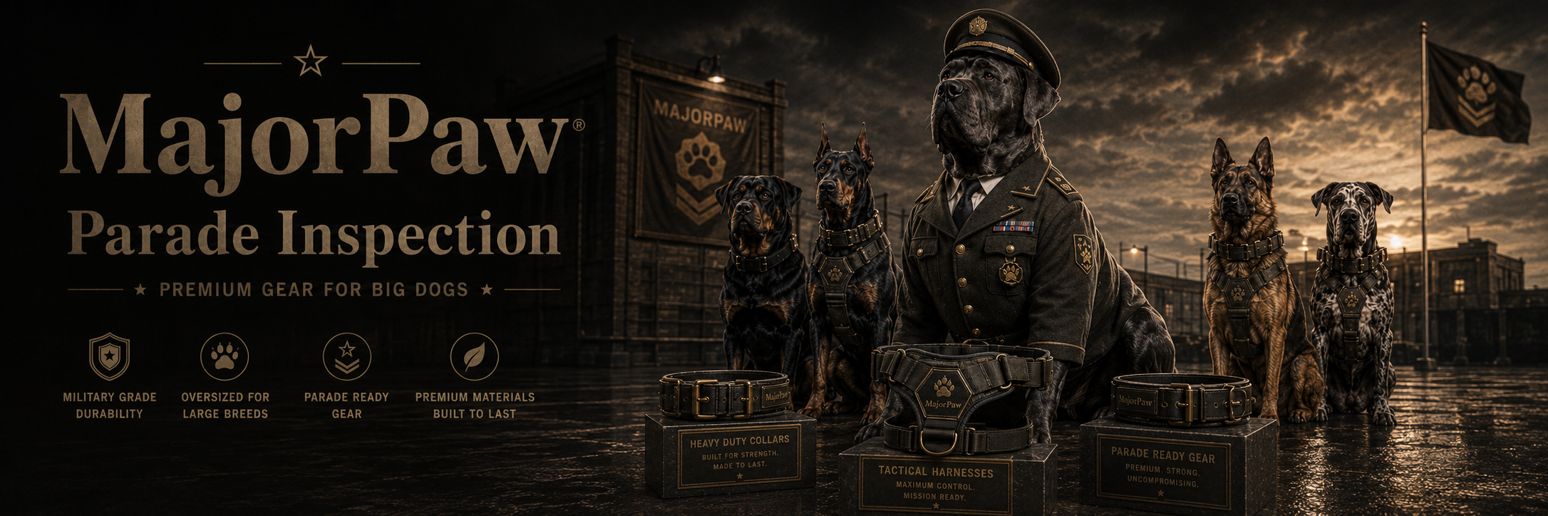MajorPaw Parade Inspection — Heavy-duty collars, leads, harnesses and coats for large breed dogs