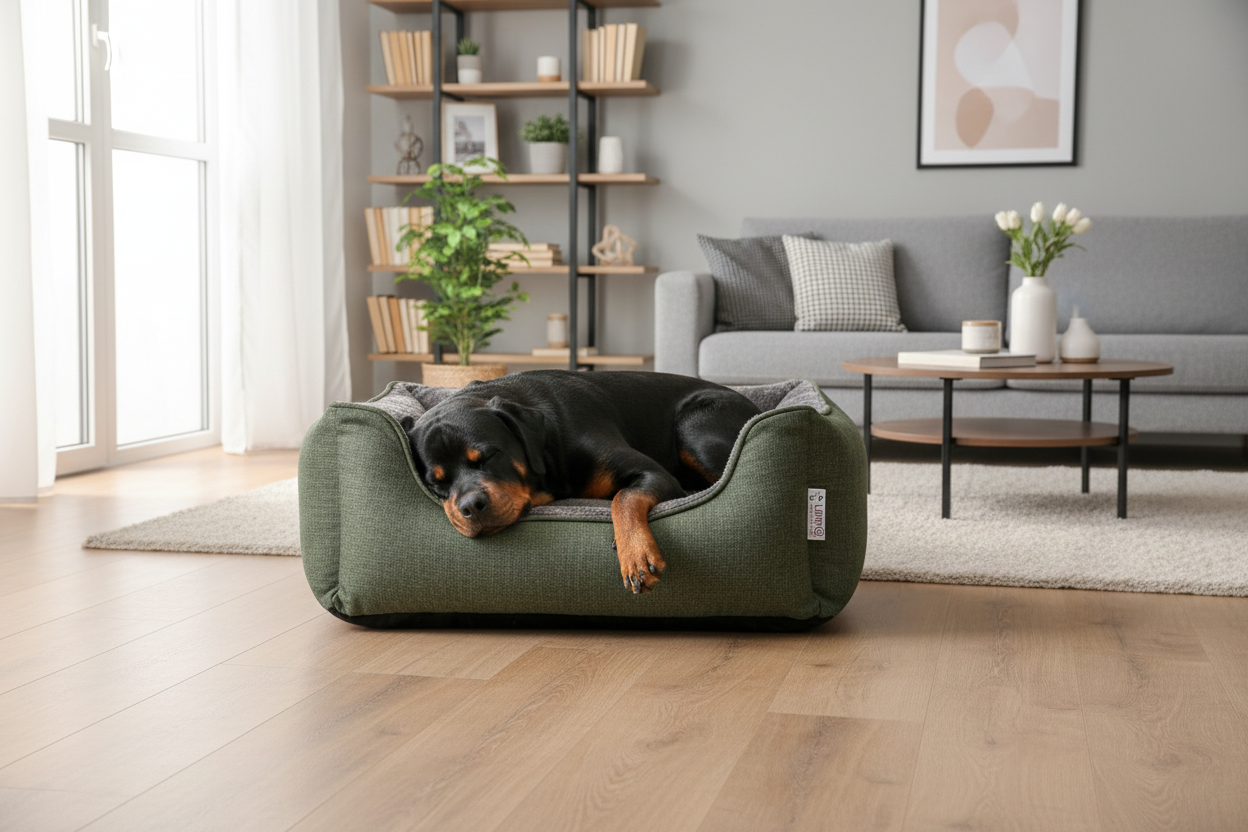Rottweiler relaxing on the Ultima Bed XL in a modern living room