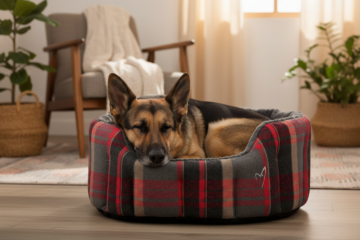 German Shepherd settled in the Camden Deluxe Bed XL in a cosy home interior