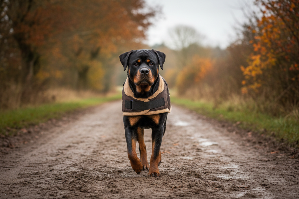 Rottweiler wearing the Edinburgh Wax Large Dog Coat on a muddy country lane