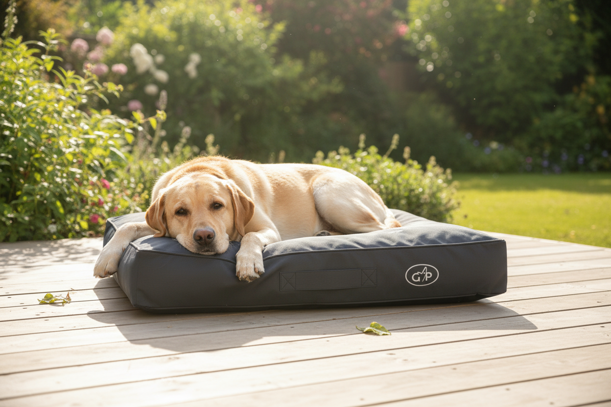 Labrador relaxing on the Outdoor Sleeper Large on a garden patio