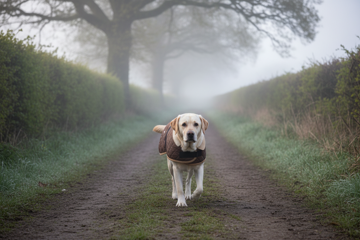 Labrador wearing the Worcester Large Dog Coat on a cold country morning walk