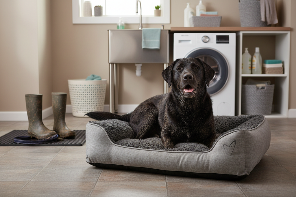 Muddy Labrador settling onto the Noodle Bed XL in a utility room after a walk