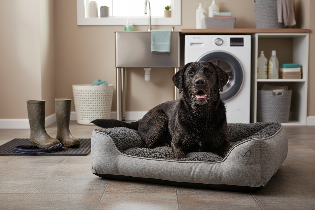 Muddy Labrador settling onto the Noodle Bed XL in a utility room after a walk