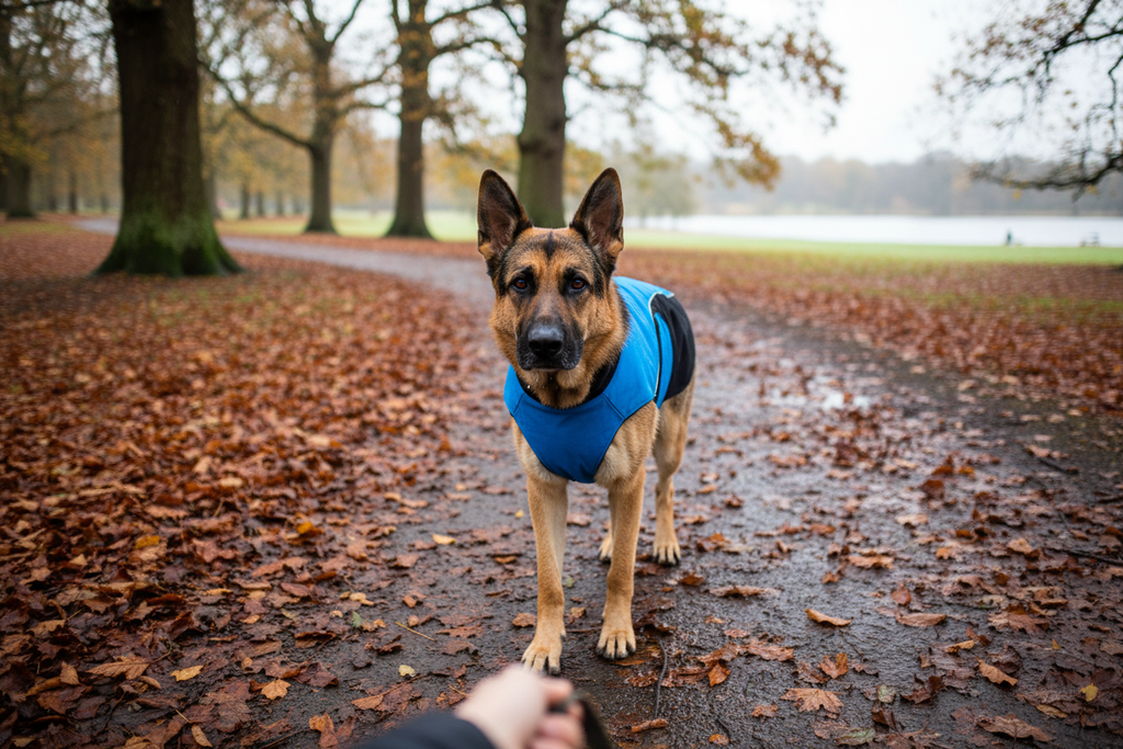 German Shepherd wearing the Wrapid Large Dog Jacket on a wet autumn walk
